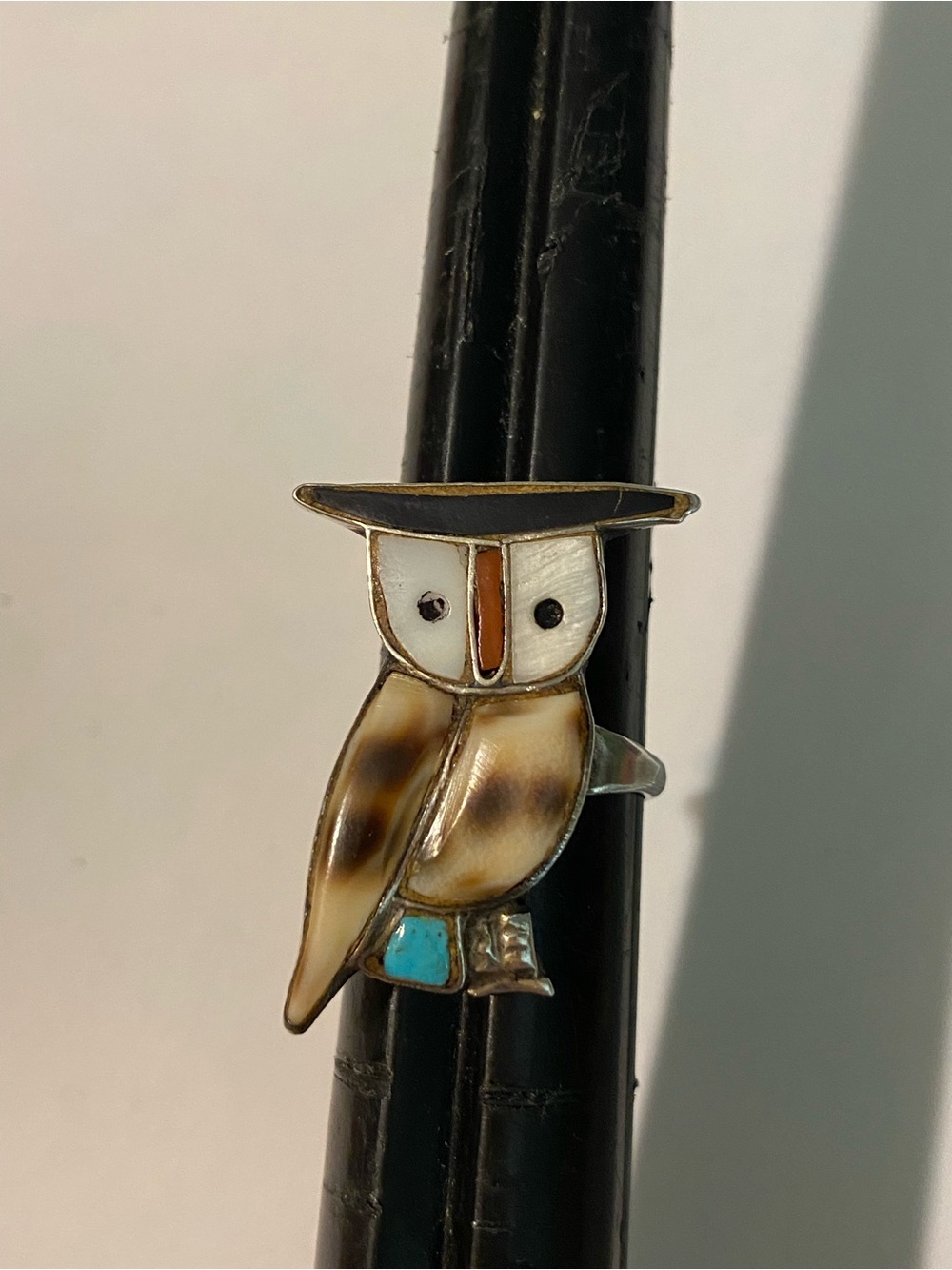 Sterling Owl Inlay Ring in Brown, White, Black & Turquoise